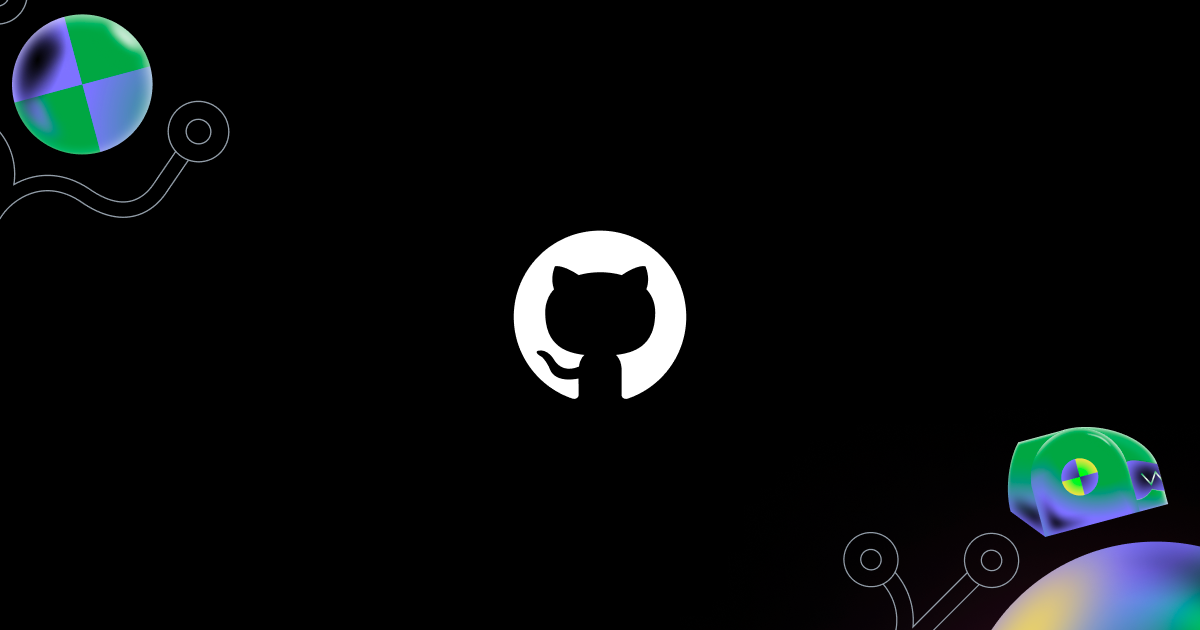 The GitHub invertocat logo centered on a dark background with two productivity-themed shapes positioned in the top left and bottom right of the image.